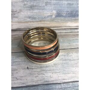 Set of 4 Enamel Bangles Bracelet Red White Blue Peach Gold Tone Stackable